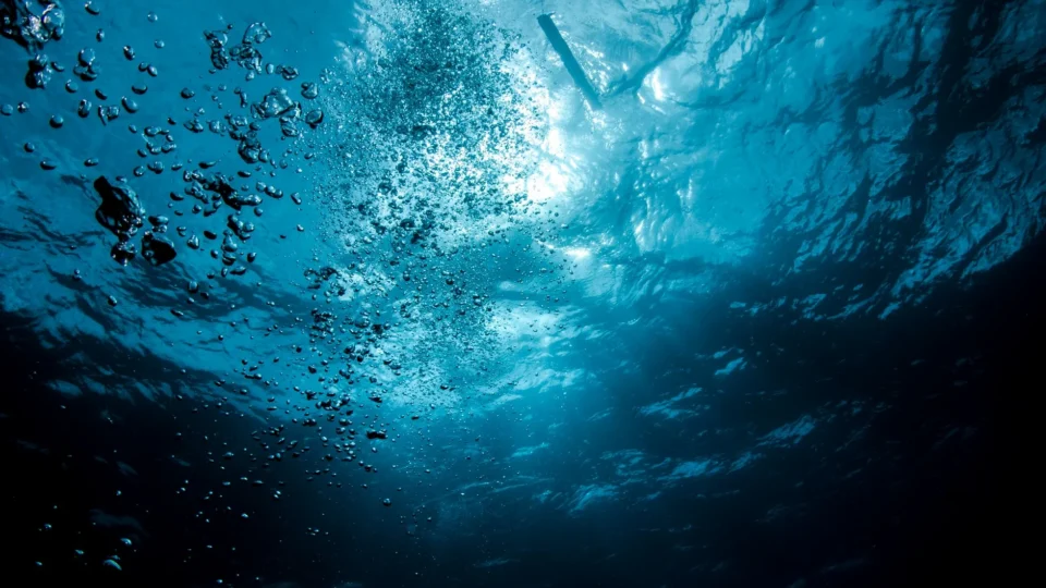 Dynamic underwater photo capturing the serene beauty of blue ocean waters.