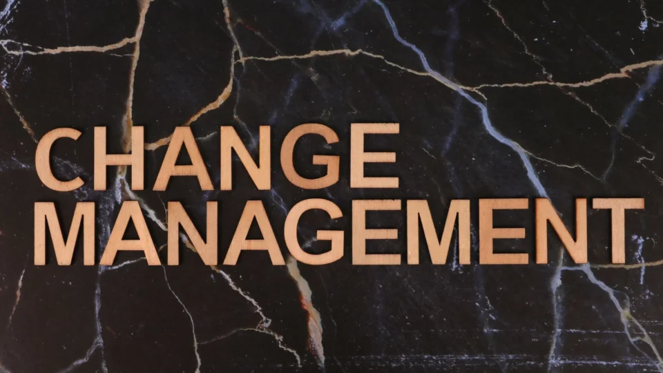 Wooden letters spelling 'Change Management' on a dark marble surface, emphasizing business change.