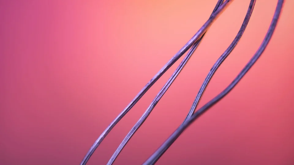 Purple wires against a pink gradient create a modern abstract composition.