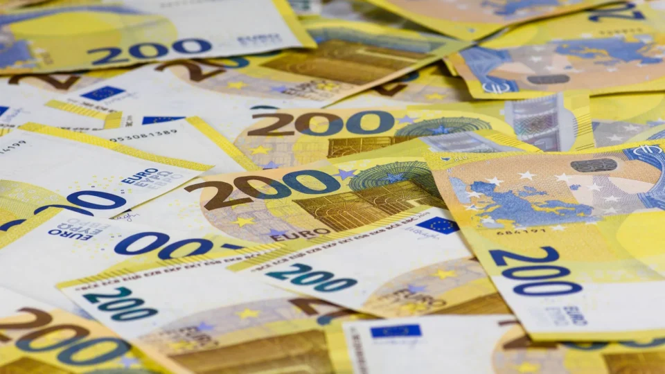 A detailed view of 200 Euro banknotes, ideal for themes of finance, currency, and wealth.