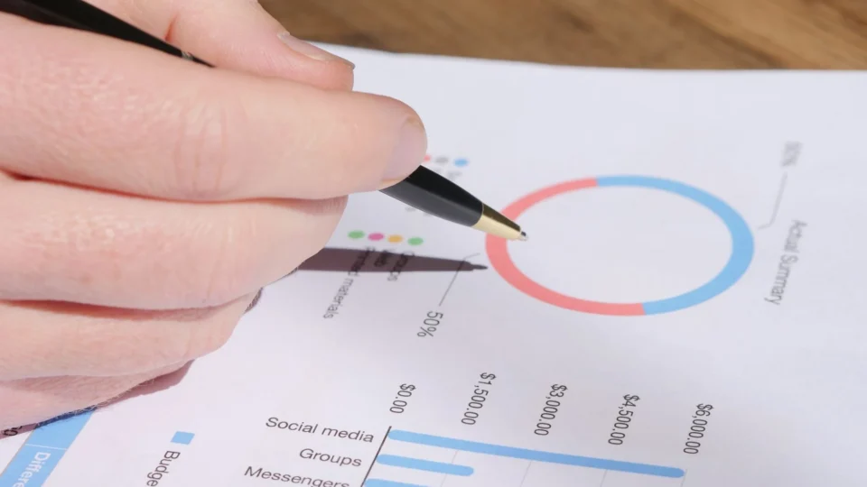 A hand with a pen reviewing business graphs and charts for analysis.