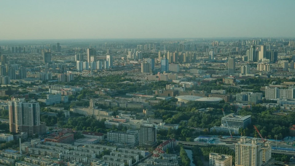 Expansive aerial view of a bustling cityscape with skyscrapers and lush greenery.