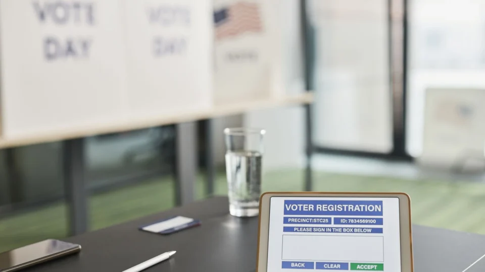 Tablet displaying digital voter registration at indoor voting station with vote day signs.