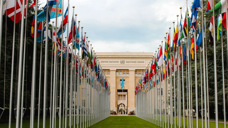 From below of various flags on flagpoles located in green park in front of entrance to the UN headquarters in Geneva