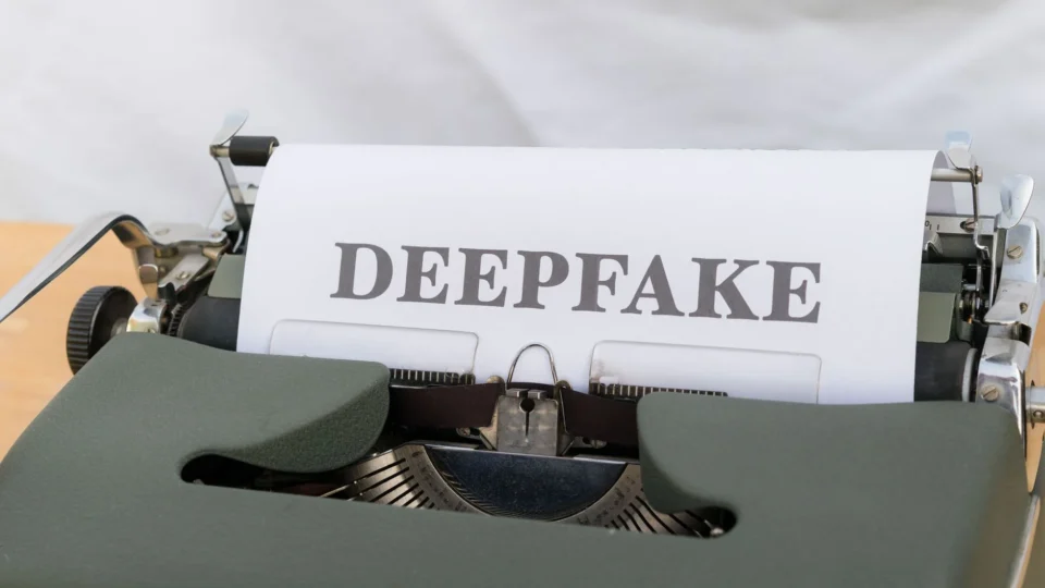 Old-fashioned typewriter with a paper labeled 'DEEPFAKE', symbolizing AI-generated content.