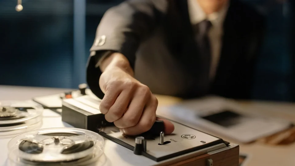A suited man operates a retro tape recorder, evoking a classic interrogation scene.