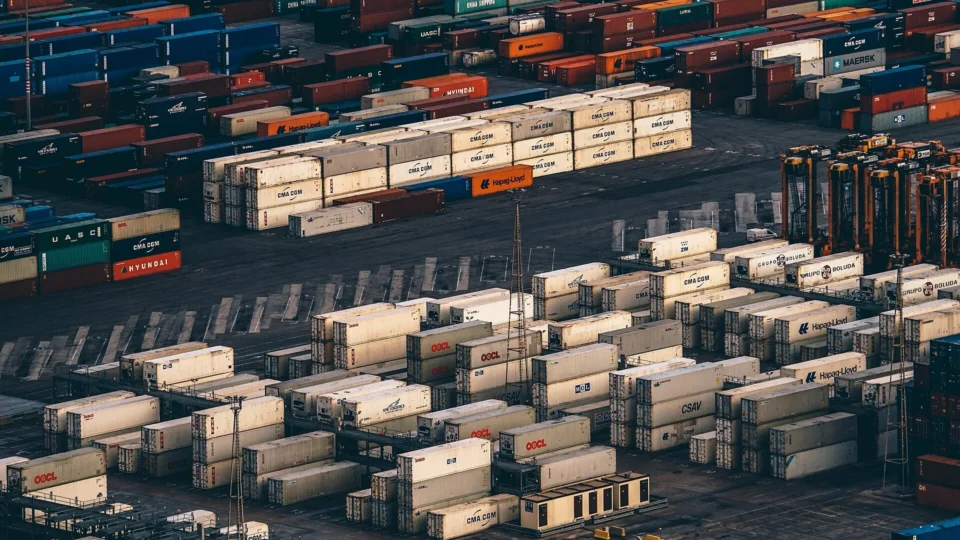 Stacked shipping containers at an international cargo port