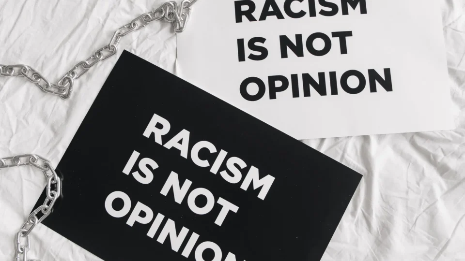 Black and white protest signs reading 'Racism is Not Opinion' on white fabric.