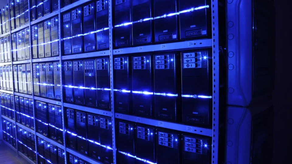 Rows of rack-mounted servers in a data centre
