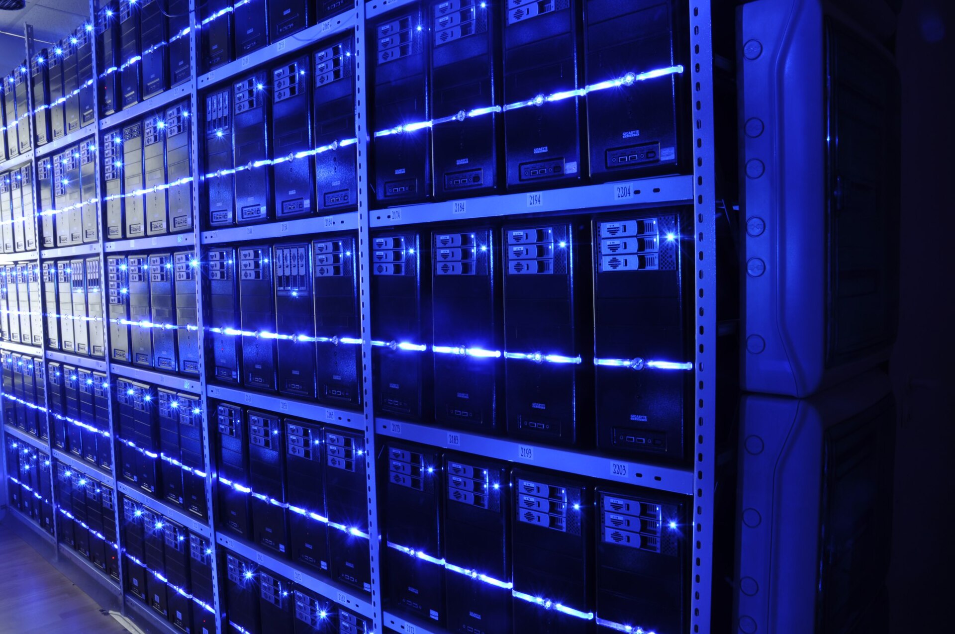 Rows of rack-mounted servers in a data centre