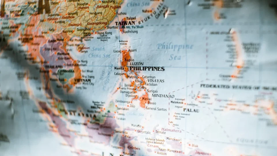 A close up of a map of asia