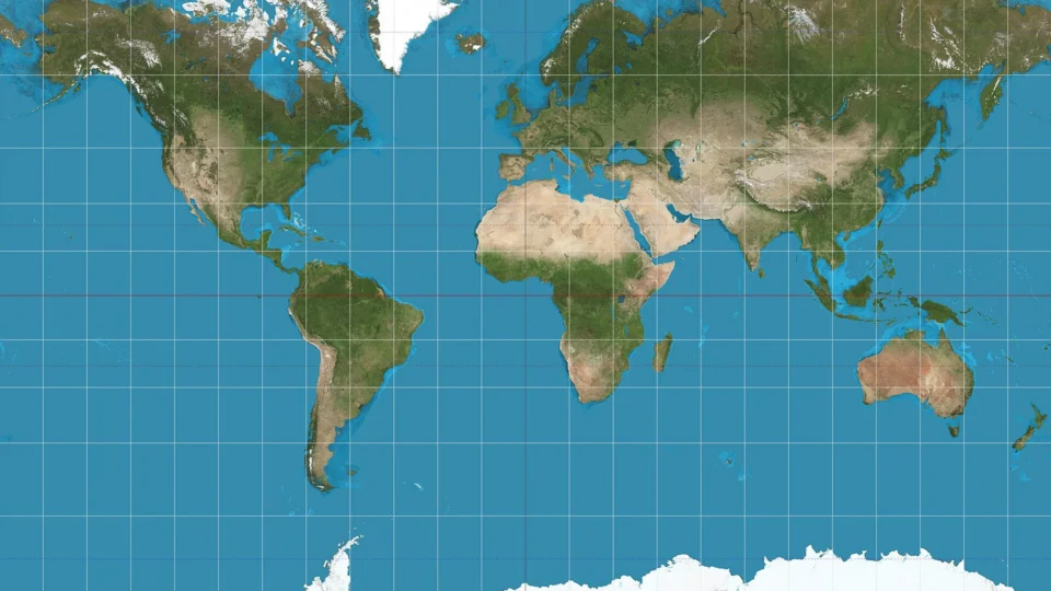 World map on Mercator projection showing all continents