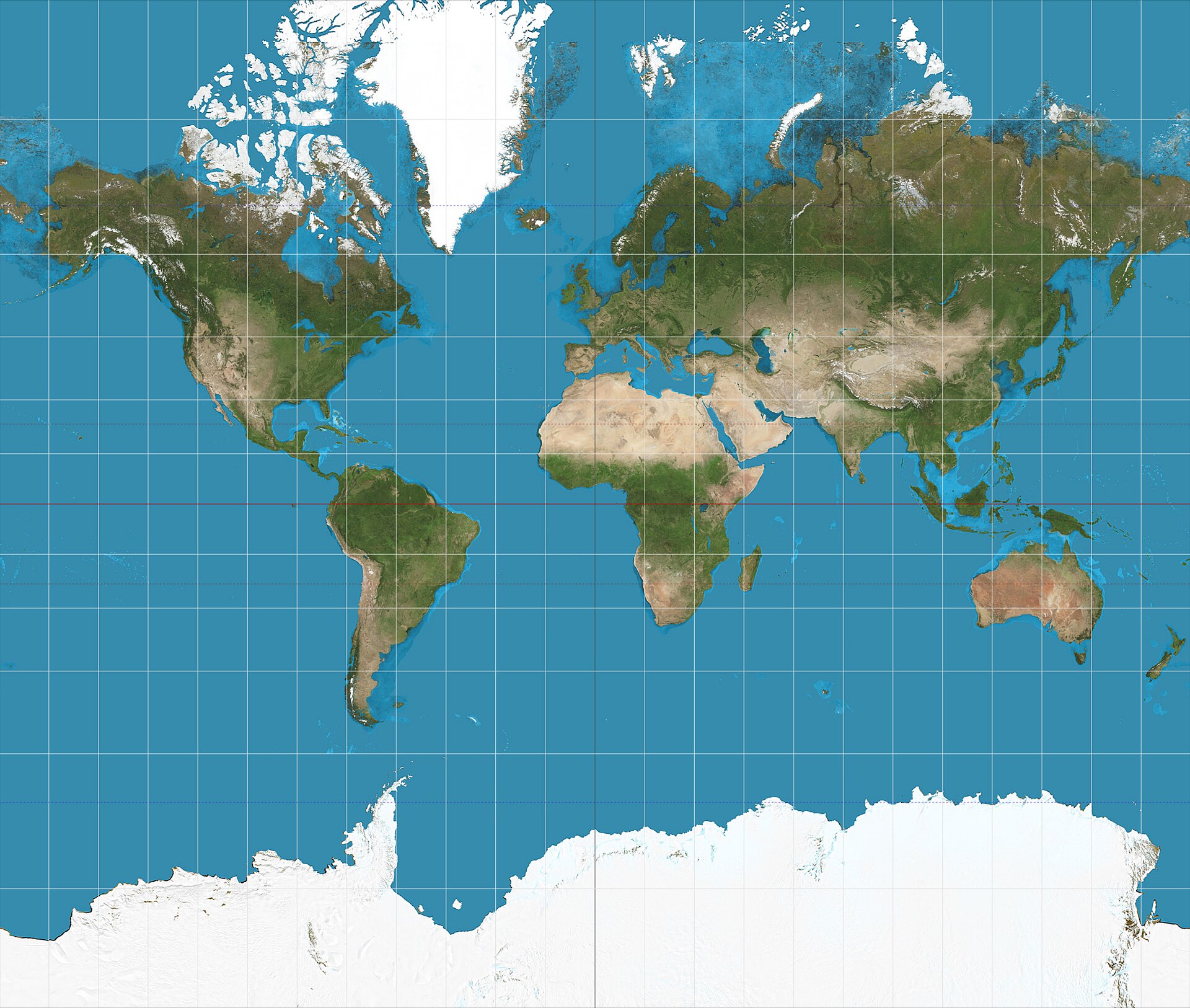 World map on Mercator projection showing all continents