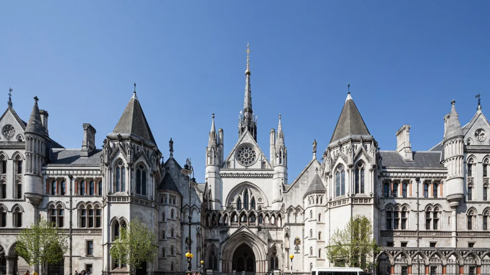 Gothic stone entrance of the Royal Courts of Justice, London