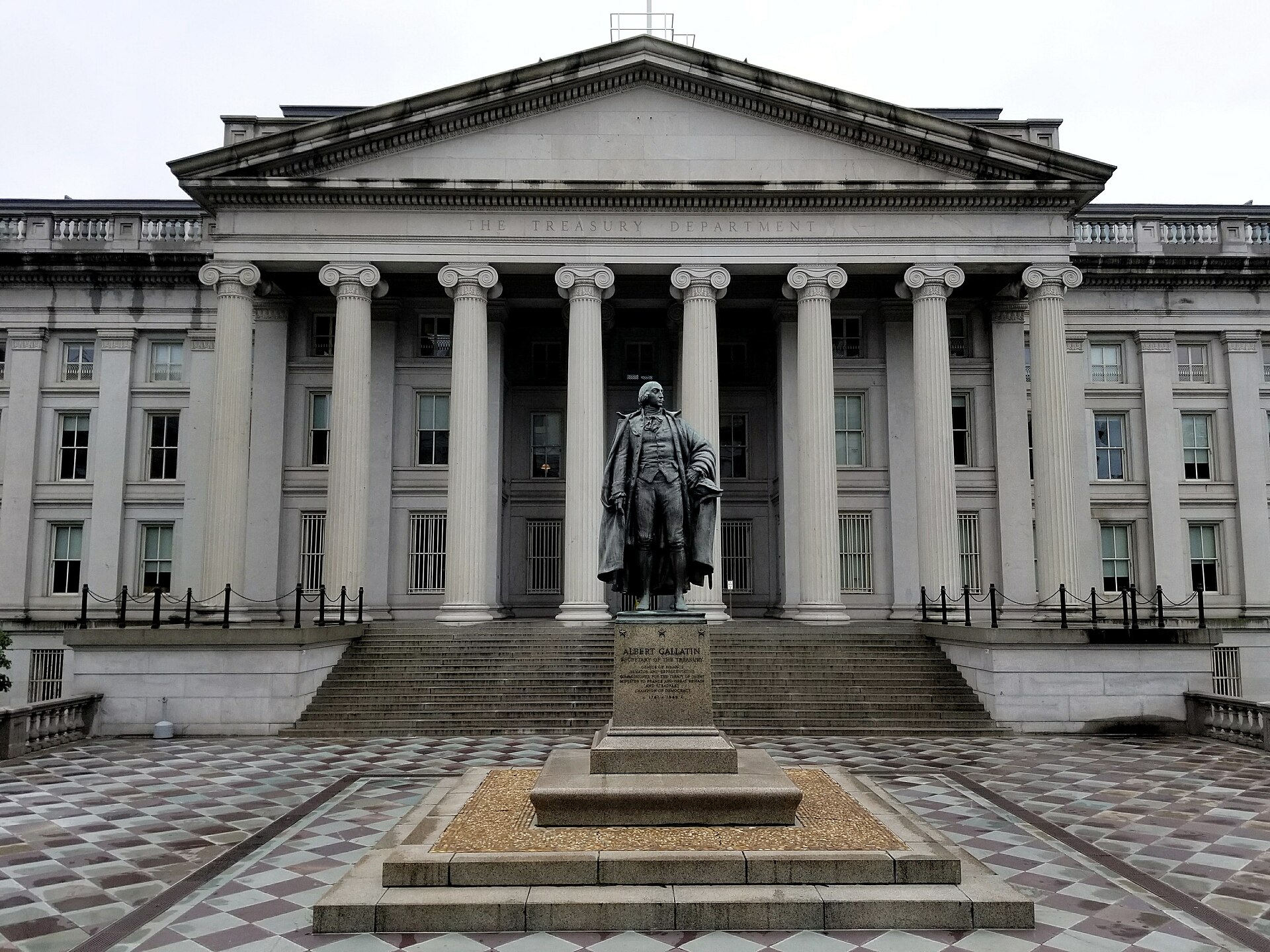 North entrance of the United States Treasury Building in Washington DC