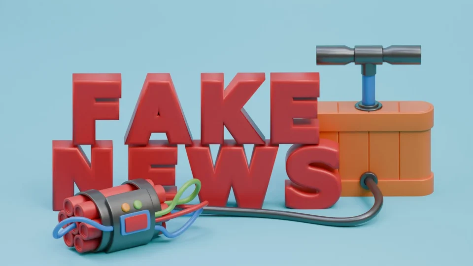 3D illustration depicting the explosive impact of fake news with a dynamite and plunger setup.