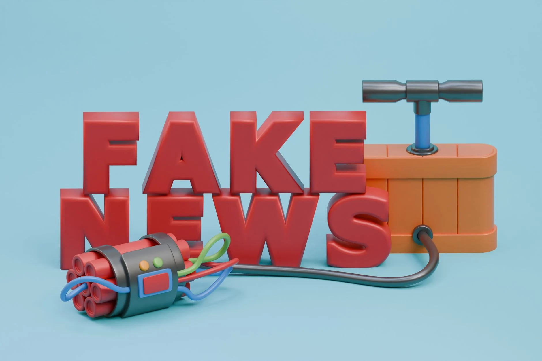 3D illustration depicting the explosive impact of fake news with a dynamite and plunger setup.