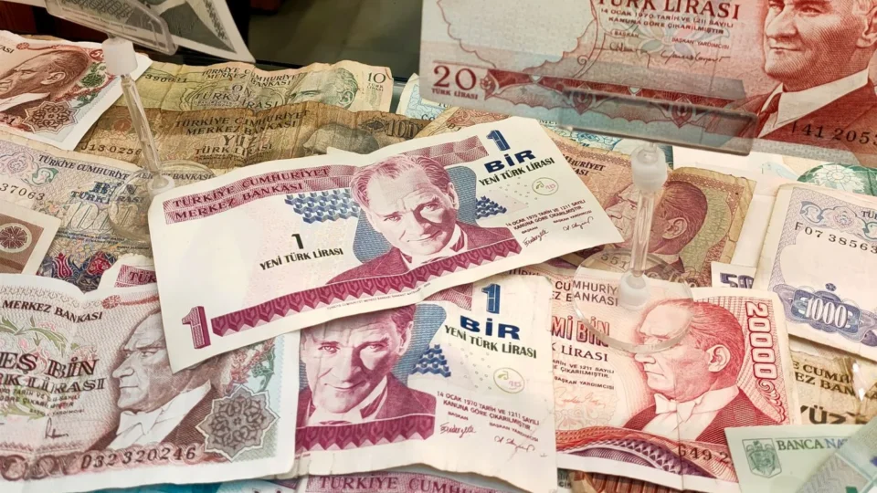 Turkish Lira banknotes of various denominations displayed, showcasing historical currency.