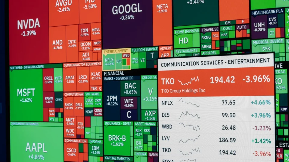 Colorful stock market board displaying various company stock performances and trends.