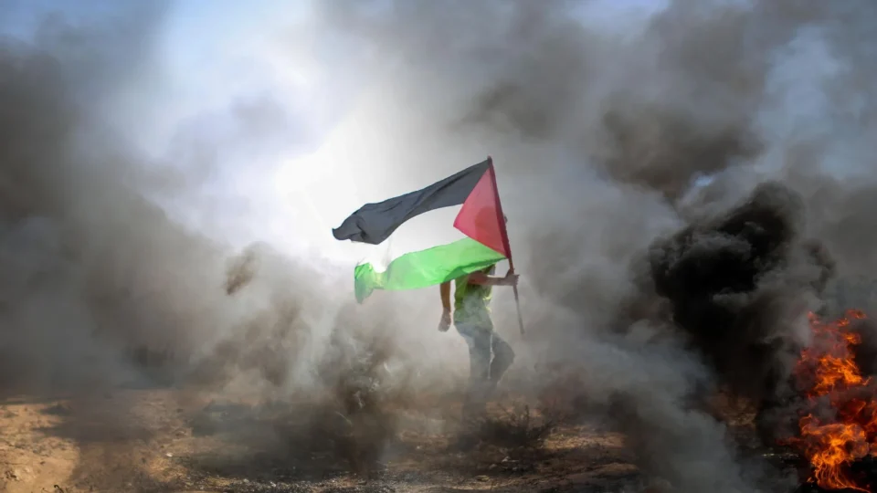 A protestor carrying a Palestinian flag amidst smoke and flames in Gaza.