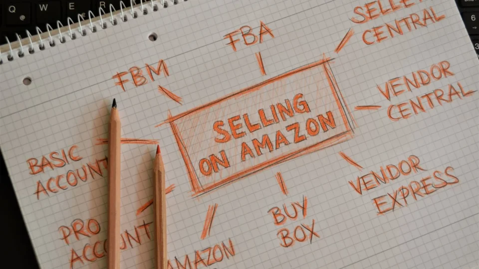 Notebook with handwritten Amazon selling strategy, showcasing business terms and concepts.