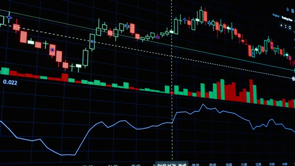 Close-up of stock market candlestick chart showcasing financial data trends.