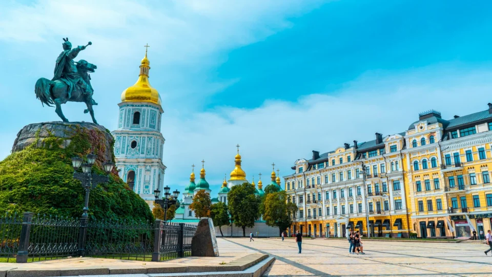 Iconic view of St. Sophia Cathedral and Bohdan Khmelnytsky Monument in Kyiv, Ukraine.