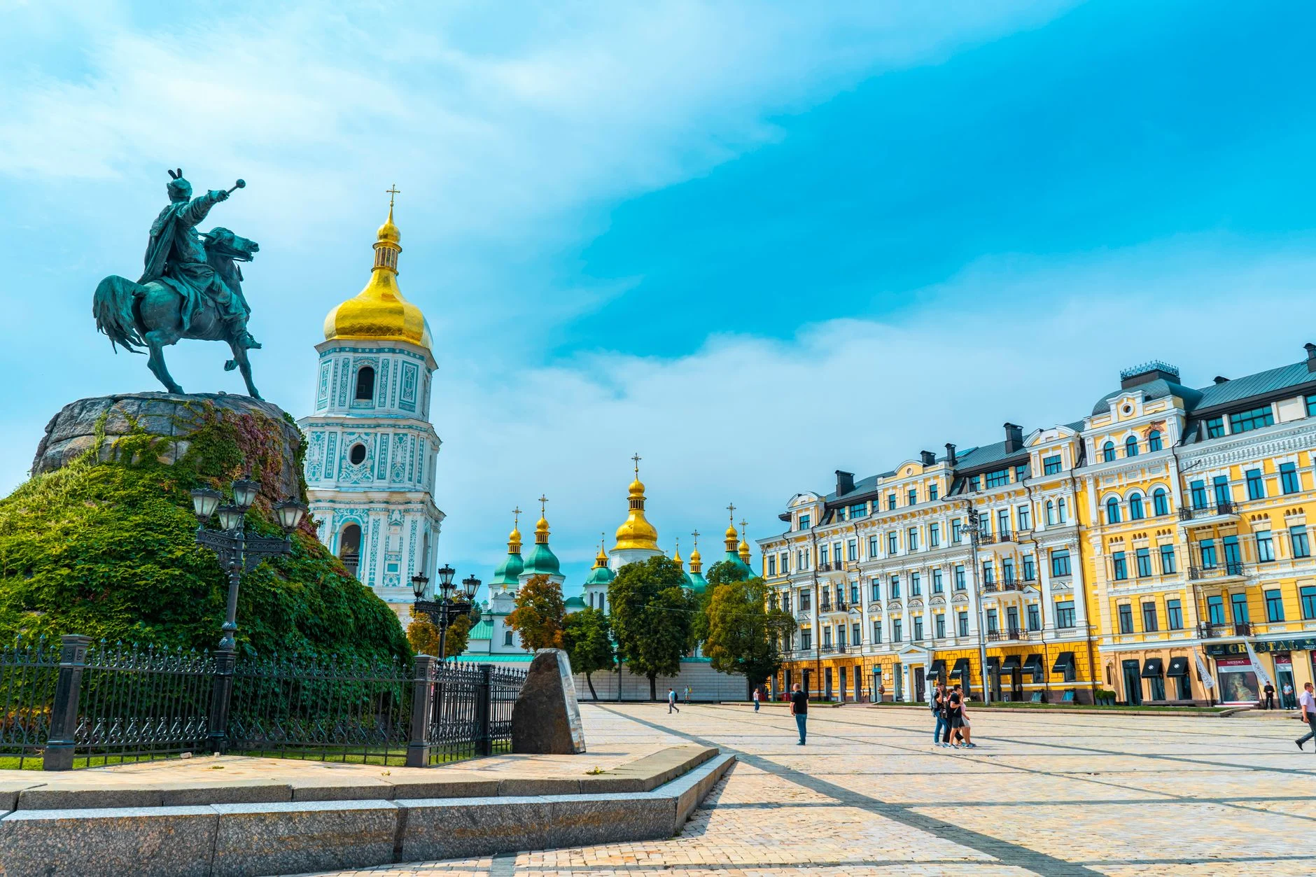 Iconic view of St. Sophia Cathedral and Bohdan Khmelnytsky Monument in Kyiv, Ukraine.