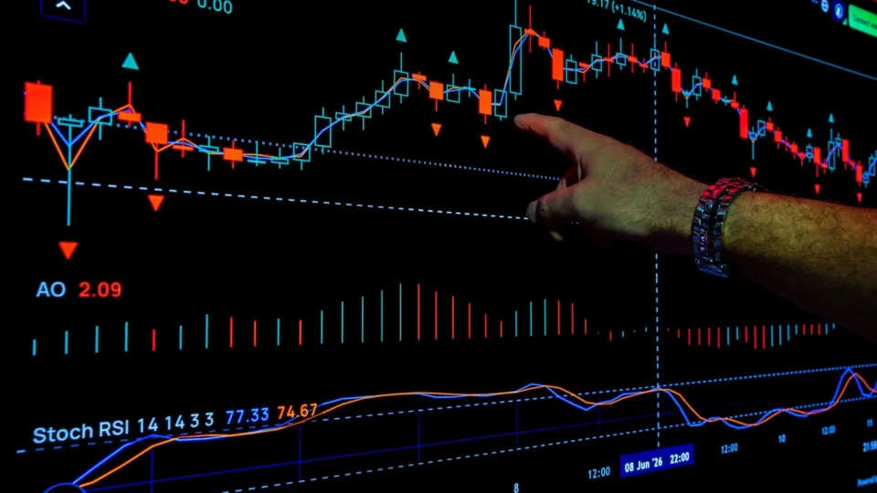 Hand pointing at stock market graphs analyzed with financial metrics on a display screen.