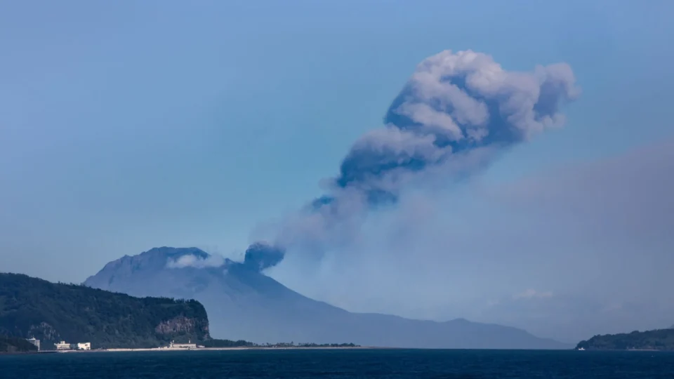 Sakurajima volcano erupts with a dramatic smoke plume in Kagoshima, Japan.