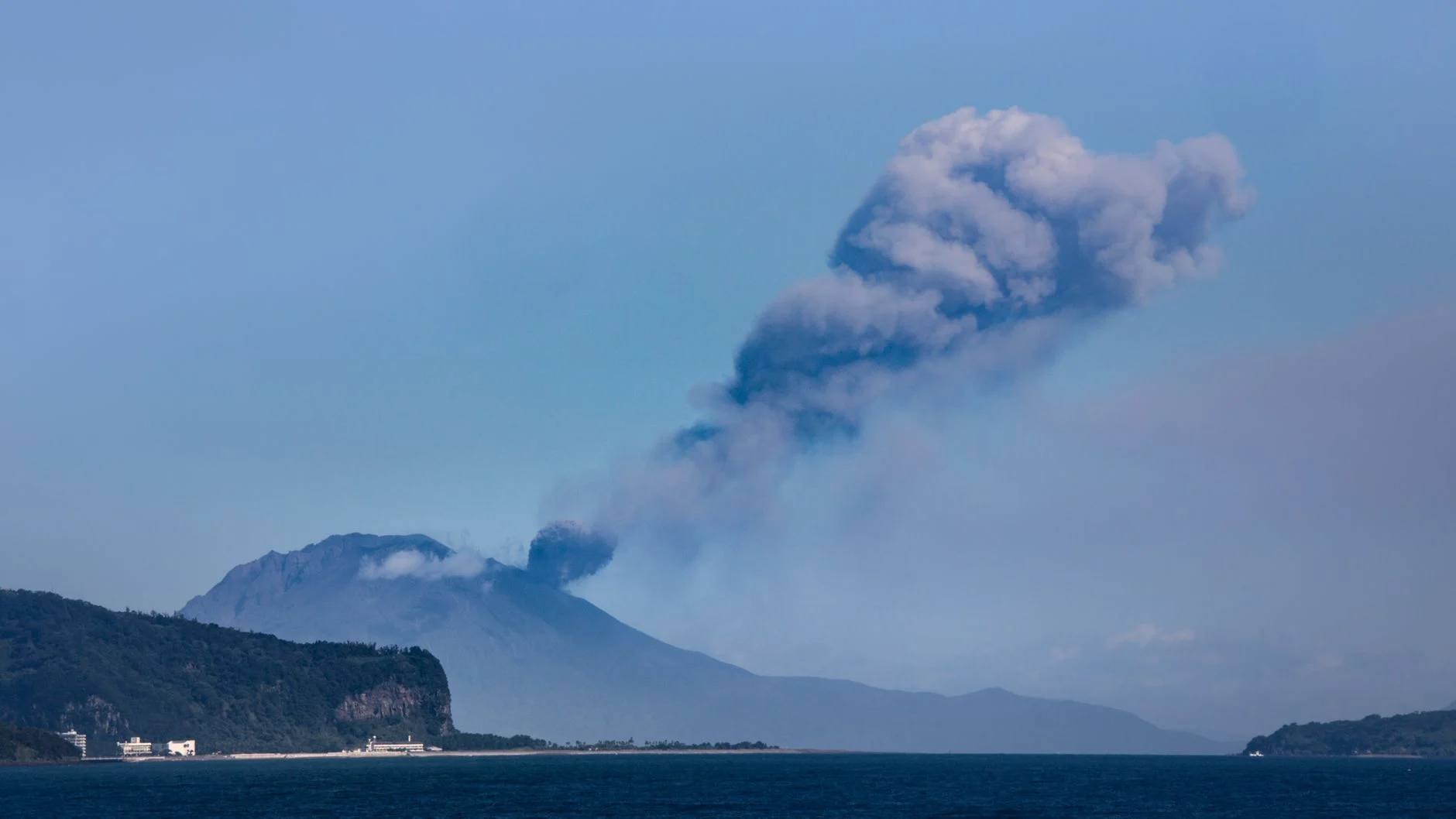 Sakurajima volcano erupts with a dramatic smoke plume in Kagoshima, Japan.