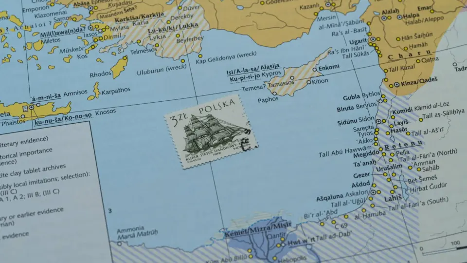 Detailed map of Europe featuring a vintage Polish stamp, ideal for educational content.