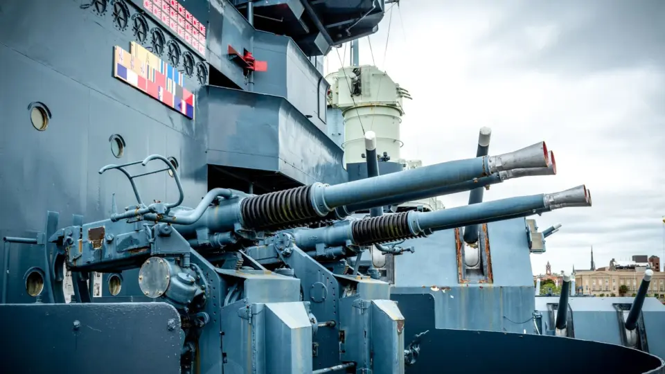 Close-up of artillery cannons on USS North Carolina battleship in Wilmington, NC.