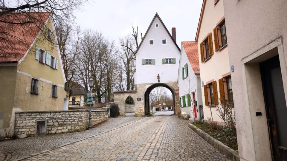 Picturesque view of a cobblestone street with historic houses and archway in a quaint European town.