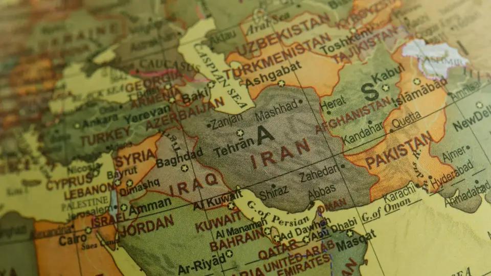 Close-up view of Middle East map highlighting countries and borders.