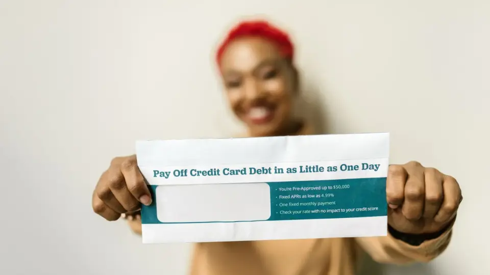 Woman presenting an envelope with a credit card debt offer, blurred background.