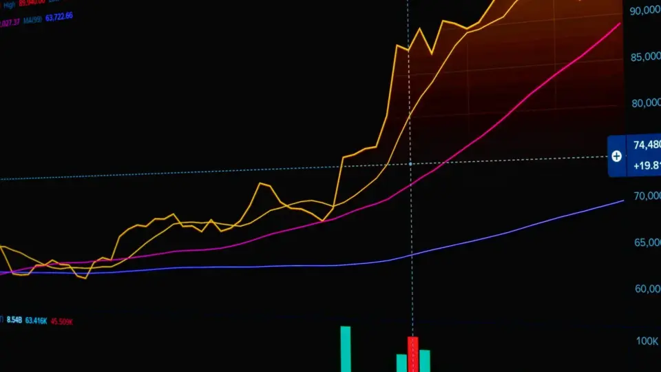 Stock market graph showing trends and data analysis with rising lines.