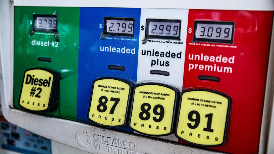 Close-up of a vintage gas pump station showing fuel prices and octane ratings in Los Angeles.