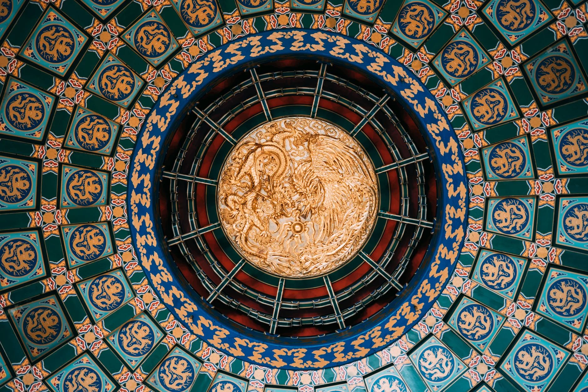 Beautifully decorated ceiling with ornate patterns at Epcot's China Pavilion in Walt Disney World.