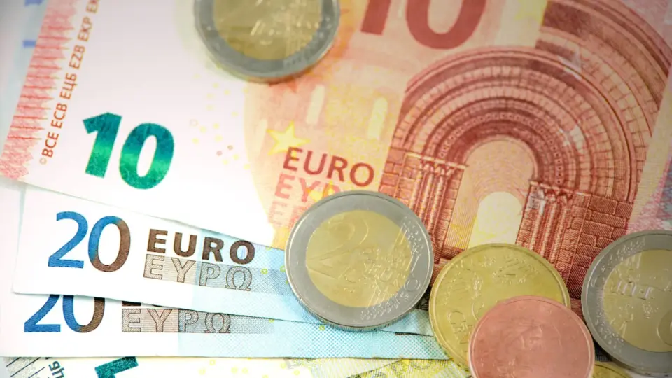 Detailed shot of Euro banknotes and coins showcasing currency denominations.