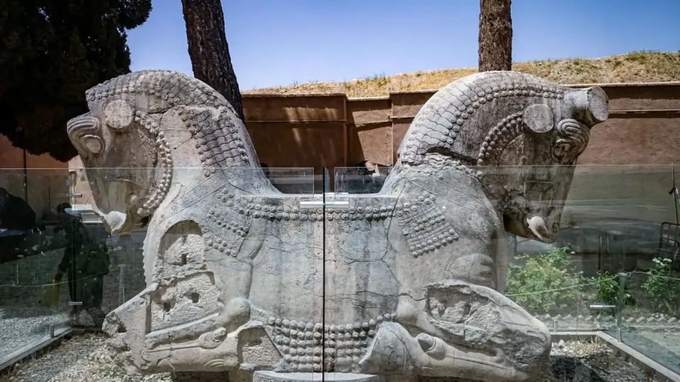 Historic stone carvings of bulls at Persepolis, a UNESCO World Heritage Site in Iran.